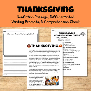Preview of Thanksgiving (Nonfiction Passage, Writing Prompts, & Comprehension Check)