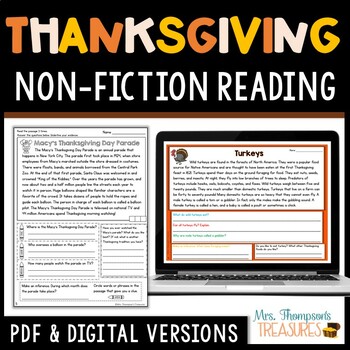 Preview of Thanksgiving Nonfiction Reading Comprehension Passages