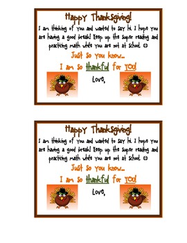 Preview of Thanksgiving- Note to send home to students over thanksgiving break