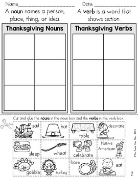 Preview of Thanksgiving Noun and Verb Sort (Parts of Speech Worksheets)