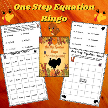 Preview of Thanksgiving One Step Equations Worksheet | Bingo | 6th Grade Math Activity