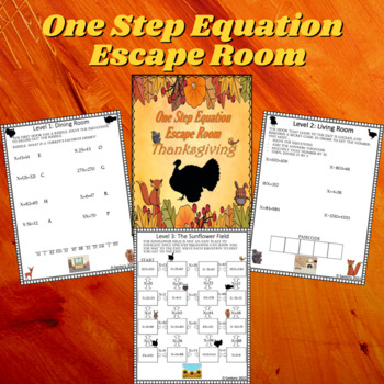 Preview of Thanksgiving One Step Equations Worksheet | Escape Room | 6th Grade Math