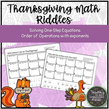 Preview of Thanksgiving Math Order of Operations and One Step Equation Riddle