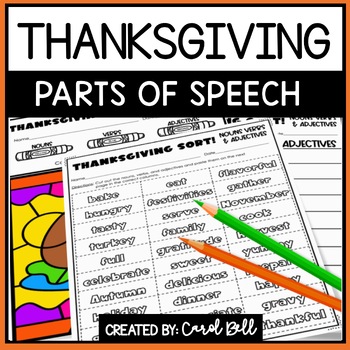 Preview of Thanksgiving Parts of Speech Worksheets Nouns Verbs and Adjectives