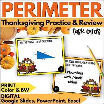 Preview of Thanksgiving Perimeter Task Cards - November Math Practice and Review Activity