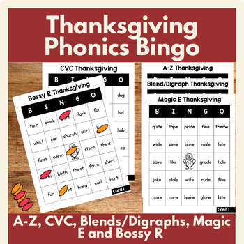 Preview of Thanksgiving Phonics Bingo Game and Activity for Literacy Centers in Grades K-2