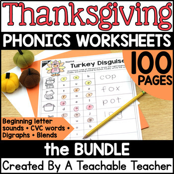 Preview of Thanksgiving Phonics Activities Worksheets Games Readers Printable First Grade