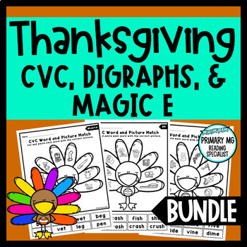 Preview of Thanksgiving Phonics | CVC | Digraphs | Silent E | Cut and Paste | BUNDLE
