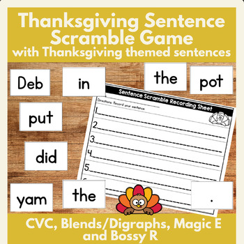 Preview of Thanksgiving Phonics Decodable Sentence Game/Activity Literacy Centers for K-2