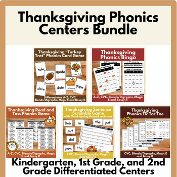 Preview of Thanksgiving Phonics Games Bundle Differentiated Literacy Centers/Activities K-2