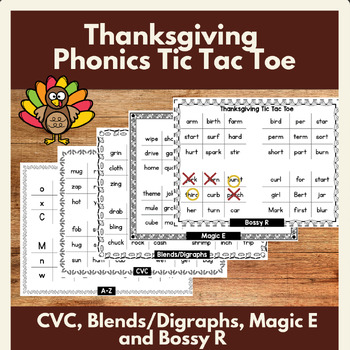 Preview of Thanksgiving Phonics Tic Tac Toe Game/Activity Literacy Centers in Grades K-2