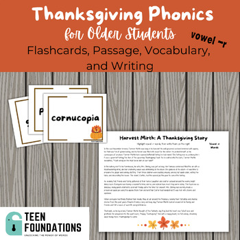 Preview of Thanksgiving Phonics vowel -r | Intervention Flashcards, Passage, Vocab, Writing