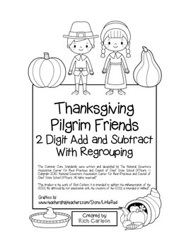 Preview of “Thanksgiving Pilgrim Friends” 2 Digit Subtract & Add Regrouping (black line)