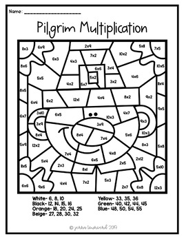 Thanksgiving Pilgrim Multiplication Division Coloring by Jenna Townsend