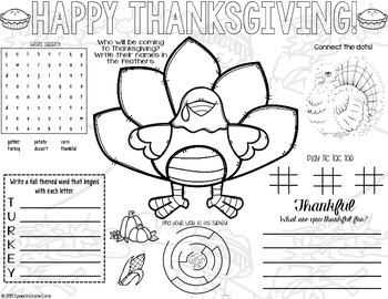 Thanksgiving Placemats by Speech to the Core | Teachers Pay Teachers
