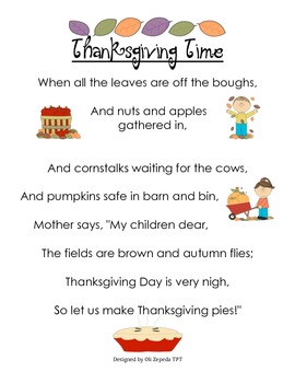 Thanksgiving Pocket Chart Poem by MATERIALES DIDACTICOS POR OLI ZEPEDA