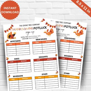Preview of Thanksgiving Potluck Sign Up Sheet EDITABLE | Friendsgiving Potluck Food Sign Up