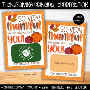 Preview of Thanksgiving Principal Appreciation Gift card, Principal Staff Faculty Thank you
