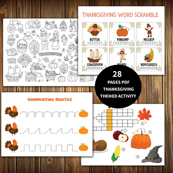 Preview of Thanksgiving Printable Activities -28 Pages of worksheets- educational games