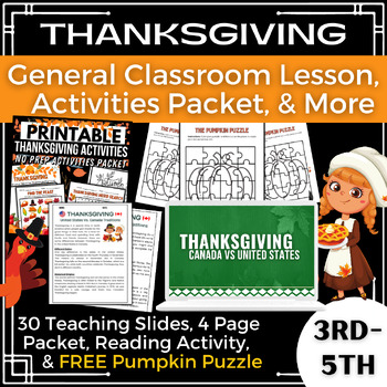 Preview of Thanksgiving Printable Activities Bundle & No Prep Classroom Lesson Grades 3-5