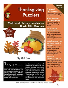 Preview of Thanksgiving Puzzlers!  15 Common Core  Math & Literacy Puzzles for Gr. 3-5