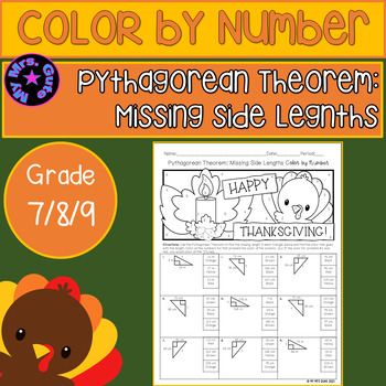 Preview of Thanksgiving Pythagorean Theorem Missing Side Lengths Color by Number Worksheet