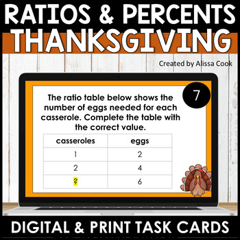 Preview of Thanksgiving Ratios and Percent Activities | Thanksgiving Math Task Cards