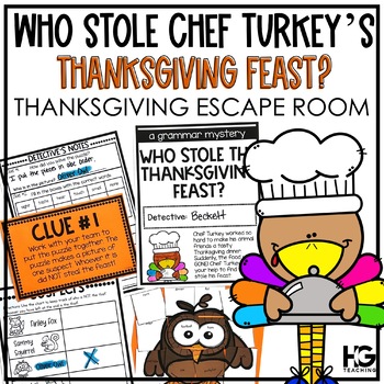 Preview of Thanksgiving Reading Activities ESCAPE ROOM | Who Stole the Thanksgiving Feast?