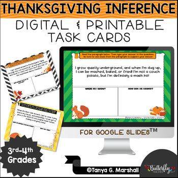 Preview of Thanksgiving Reading Activity Making Inferences Task Cards Fall Digital Resource