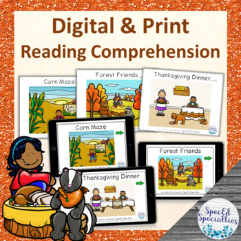 Preview of Thanksgiving Reading Comprehension BOOM™ Cards & Printable Adapted Books