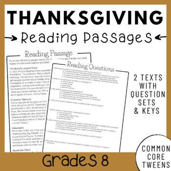 Preview of Thanksgiving Reading Comprehension Passages and Questions (8th Grade)