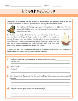 Preview of Thanksgiving Reading Comprehension activity