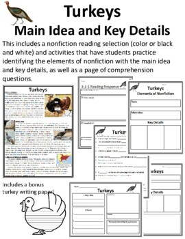 Preview of Thanksgiving Reading Main Idea and Details Passages Turkey Main Idea and Details