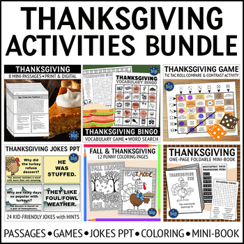 Thanksgiving Reading Passages Games Jokes and Coloring Activities Bundle