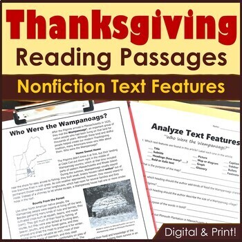 Preview of Thanksgiving Reading Passages with Text Features - Print & Digital