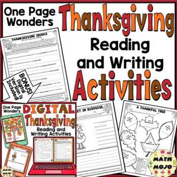 Preview of Thanksgiving Reading & Writing One Page Wonders Activities 3rd, 4th, & 5th Grade