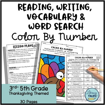 Preview of Thanksgiving Reading, Writing, Vocabulary Packet 3rd-5th
