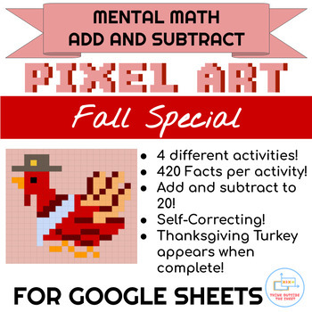 Preview of Thanksgiving Red Turkey Pixel Art Addition and Subtraction Bundle