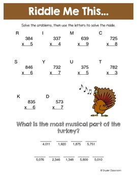 Thanksgiving Multiplication Math Riddles by Snyder Classroom | TpT
