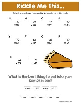math worksheets grade 4 riddle Snyder by Multiplication Math Thanksgiving Riddles