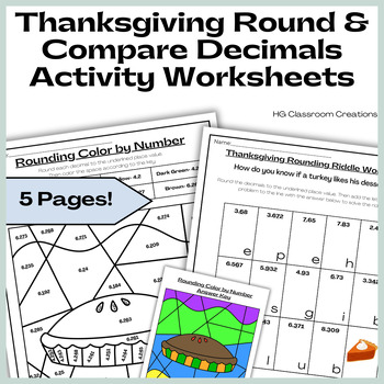 Preview of Thanksgiving Round & Compare Decimals Activity Worksheets & Color by Number