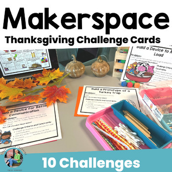 Preview of Thanksgiving STEM Story Stations: Makerspace Task Cards: Challenges & Read Aloud