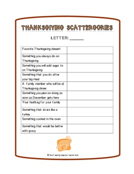thanksgiving scattergories lists