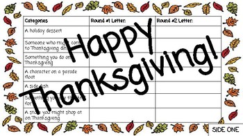 thanksgiving scattergories list