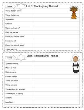 thanksgiving scattergories list