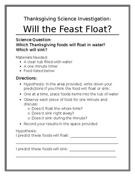 Preview of Thanksgiving Science Activity - Sink or Float