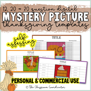 Preview of Thanksgiving Self Assessing Mystery Picture Templates Google Sheets Digital