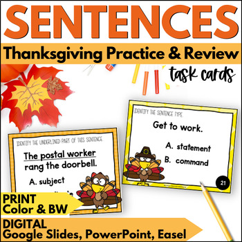 Preview of Thanksgiving Sentence Type and Structure Task Cards - Grammar Practice & Review