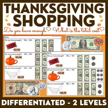 Preview of Thanksgiving Shopping Task Cards/ Worksheets  - Money Math - Special Education