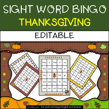 Preview of Thanksgiving: Sight Word Bingo - Editable